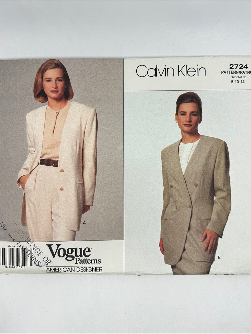 Vogue Calvin Klein Loose Fitting Lined Jacket Pattern 2724 Size 8-10-12 Uncut